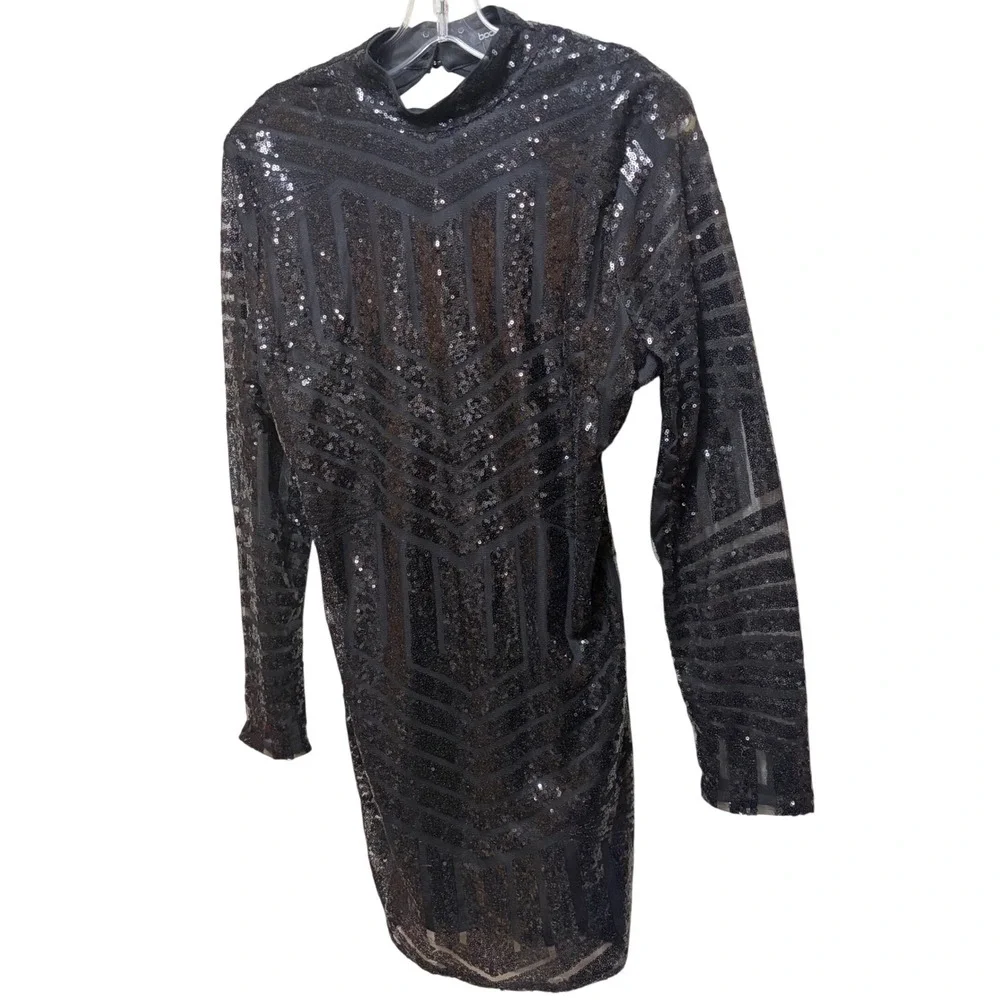 Boohoo Black Sequin Geometric Open Back Mini Dress Long Sleeve US 12